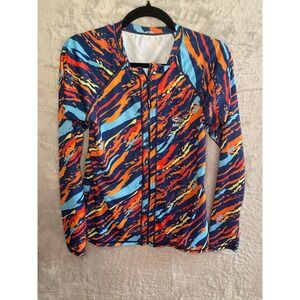 Axesea Womens Long‎ Sleeve Rash Guard Full Zip Shirt Orange Blue Tiger Stripe L